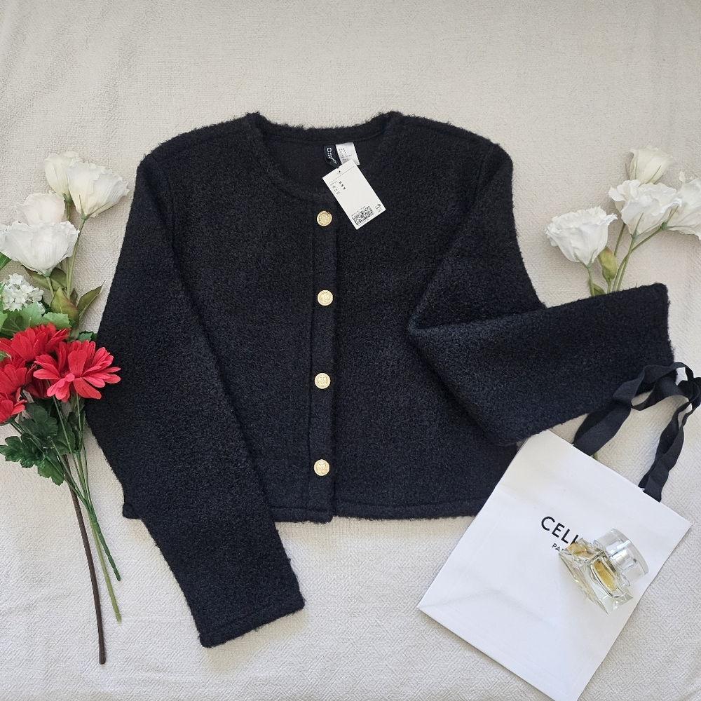 NWT H&M DIVIDED Black Bouclé Knit Cardigan w/ Gold Buttons - Size M
